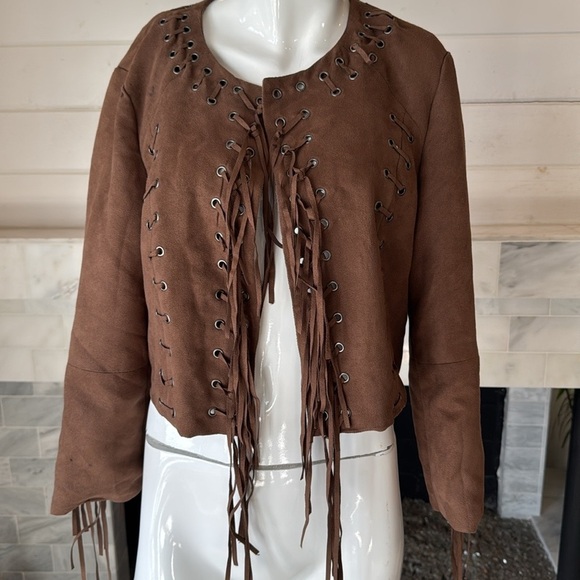Forever 21 Faux Suede Brow Fringe Cropped Open Boho Jacket Size Large - Picture 11 of 12